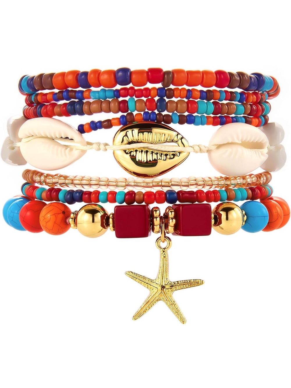 Anthropologie Multicolor Beaded Shell & Starfish Bracelet Stack